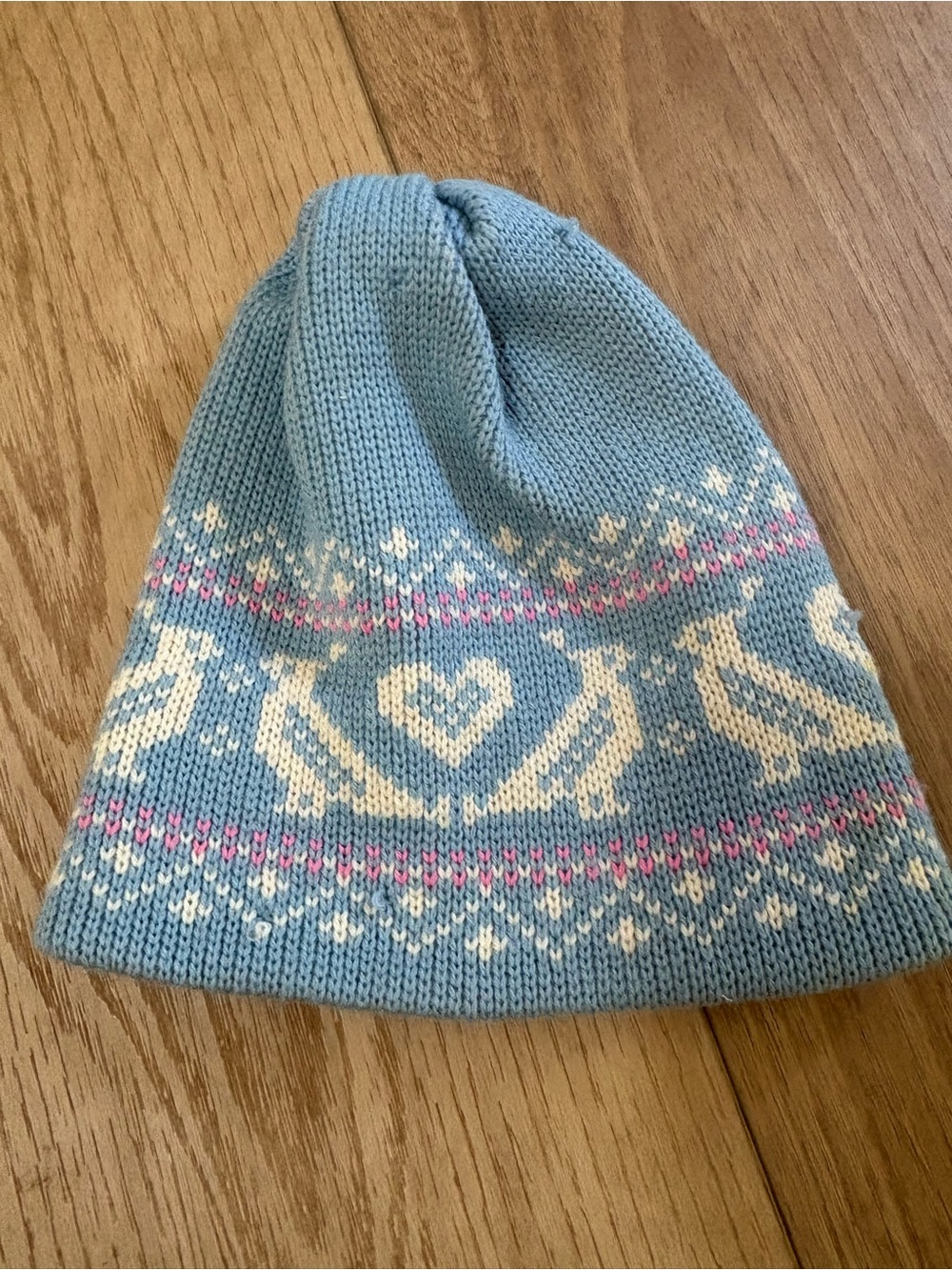 Vintage Smiley 100% Wool Ski Hat Beanie Baby Blue Pheasants Cottagecore Grandma